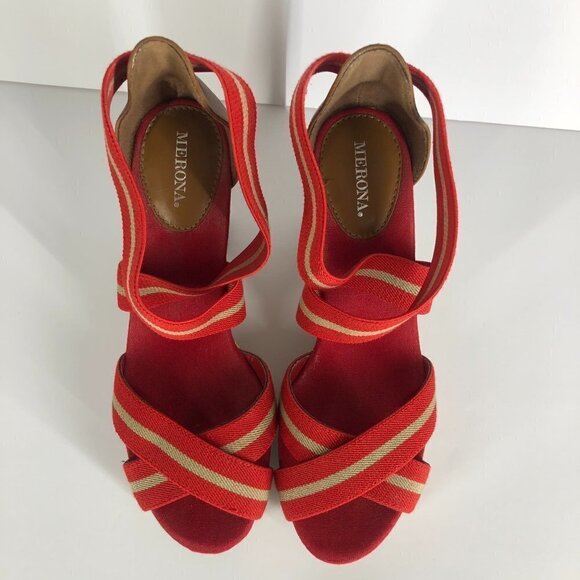 Merona Red Tan Stripe Elastic‎ Straps Cork Wedge Summer Sandals Sz 8.5 - Picture 2 of 14